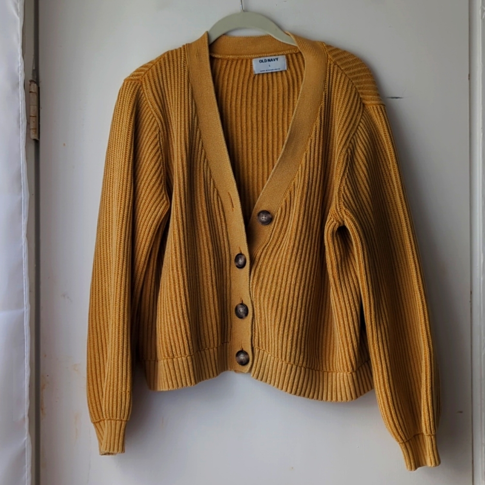 Knit Cropped Mustard Yellow Cottage Core Sweater, button up, old navy large